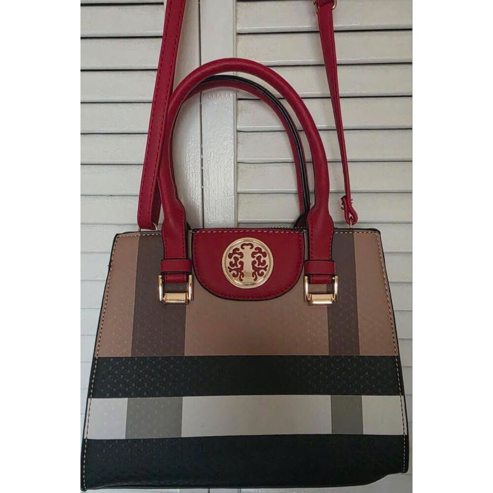 Red Plaid Colorblock Top Handle Satchel Bag with Gold Emblem Medallion